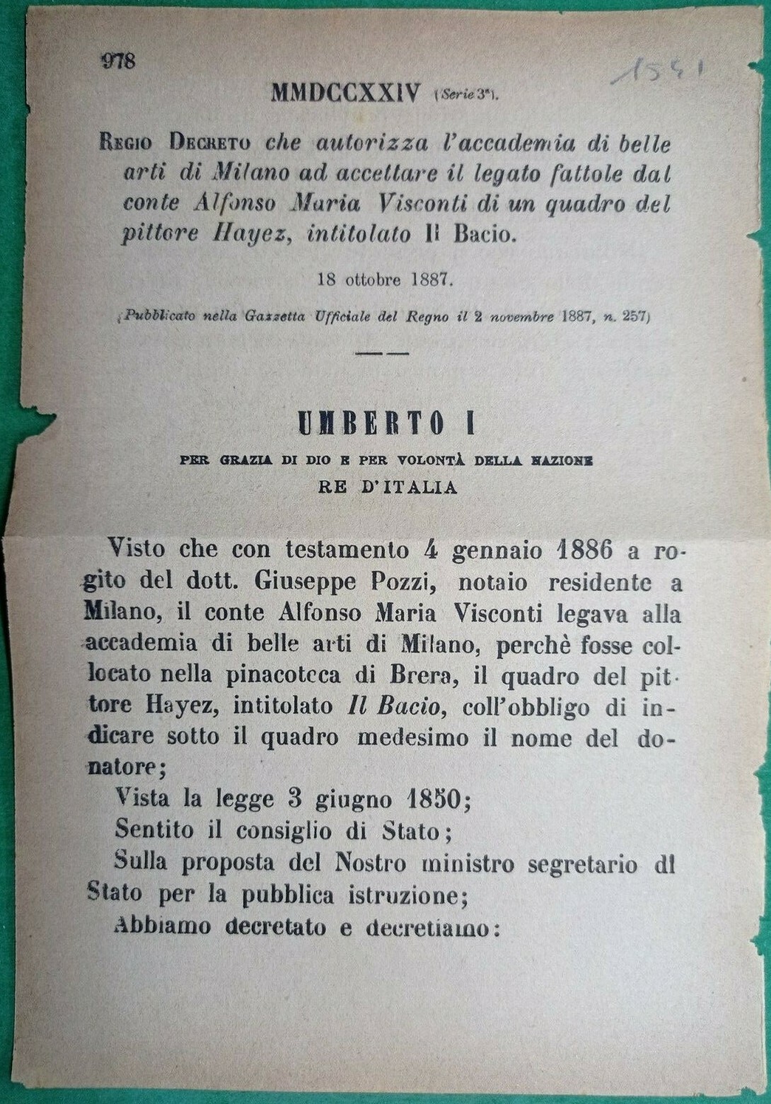 MILANO,REGIO DECRETO AUTORIZZA ACCADEMIA BELLE ARTI CONTE MARIA VISCONTI-1541