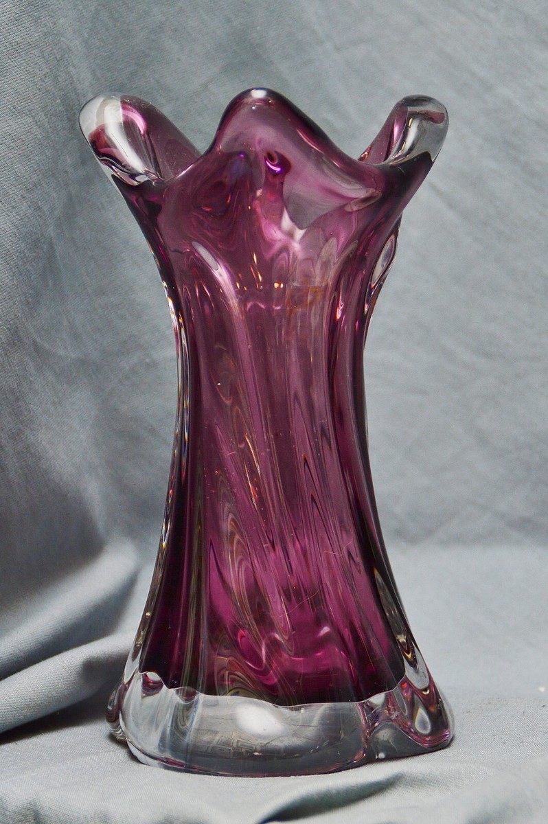 工芸品 Murano Glass Vase (Purple) Vase Murano, Violet Glass, Clear Overlay, 1950 1960, 18 cm