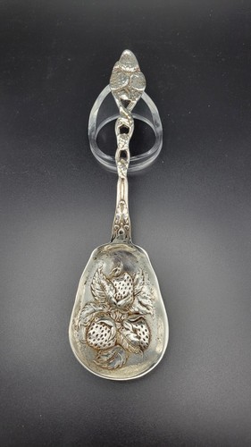 Antique Sterling Silver Strawberry / Berry Serving Spoon, 109 grams, 9"