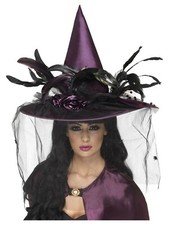 Ladies Purple Deluxe Feathered Witch Hat Halloween Fancy Dress Costume Accessory