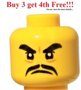 Lego New Minifig Head Forehead Lines Dark Bluish Gray Eyebrows and Moustache