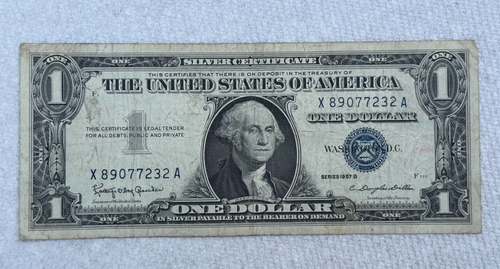 1957 B $1.00 SILVER CERTIFICATE U.S. DOLLAR CURRENCY X 89077232 A DOLLAR BILL