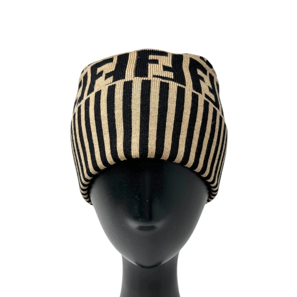 FENDI Vintage Zucca Monogram Knit Beanie #42 Cap Stripe Beige Black Wool - Image 2 of 4