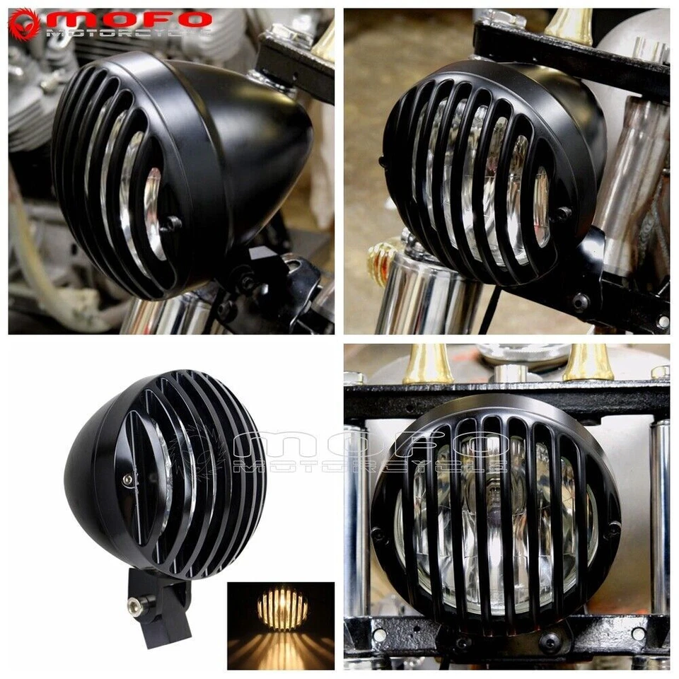E-Mark 4.5" Finned Grilled Headlight H4 Bulb Fit For Harley Chopper Cafe Racer — 第 3/4 张图片