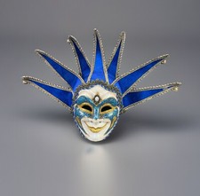Masquerade Mardi Gras mask large blue gold Royal Jester With 7 Flags  Bells.