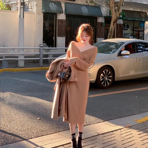 Vestido midi tejido para mujer cuello en V elegante suéter vestidos invierno damas - Imagen 20 de 30