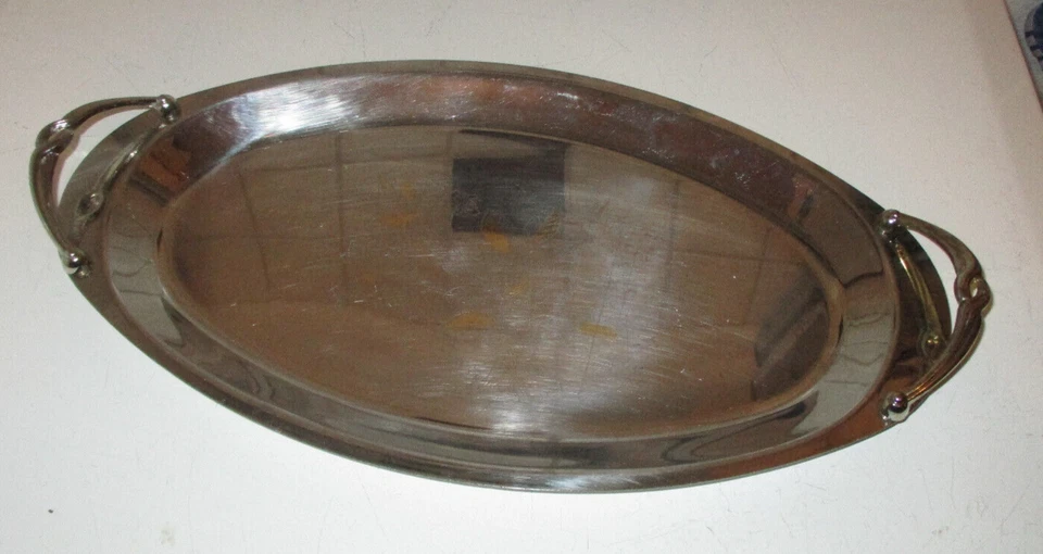 Edelstahl Serviertablett Servierplatte Tablett mit Griffen oval 40 x 23 cm