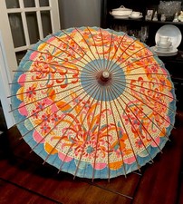 Vintage 1940s Occupied Japan Handmade Bamboo / Paper Floral Umbrella
