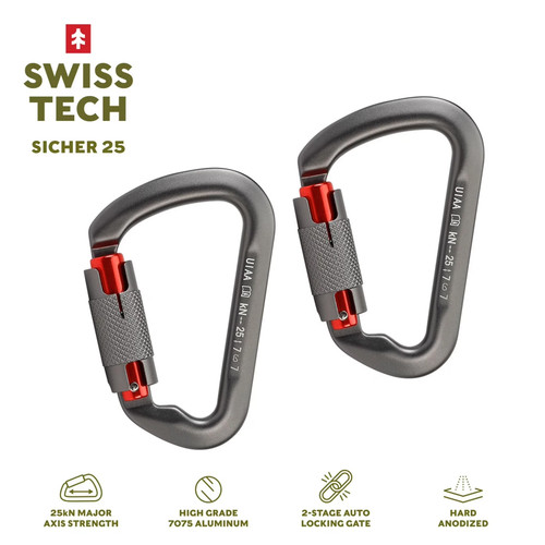 Swiss Tech 25kN Climbing Carabiners, 2 pack, Auto Locking, 7075 Aluminum - Picture 1 of 15