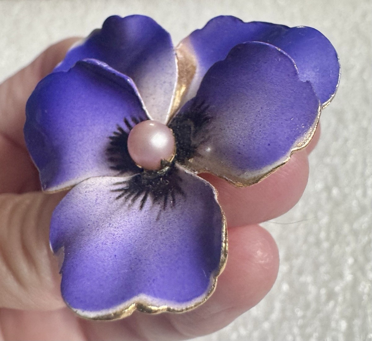 Vintage Blue Purple Enamel Pansy Flower Brooch Pin View 2