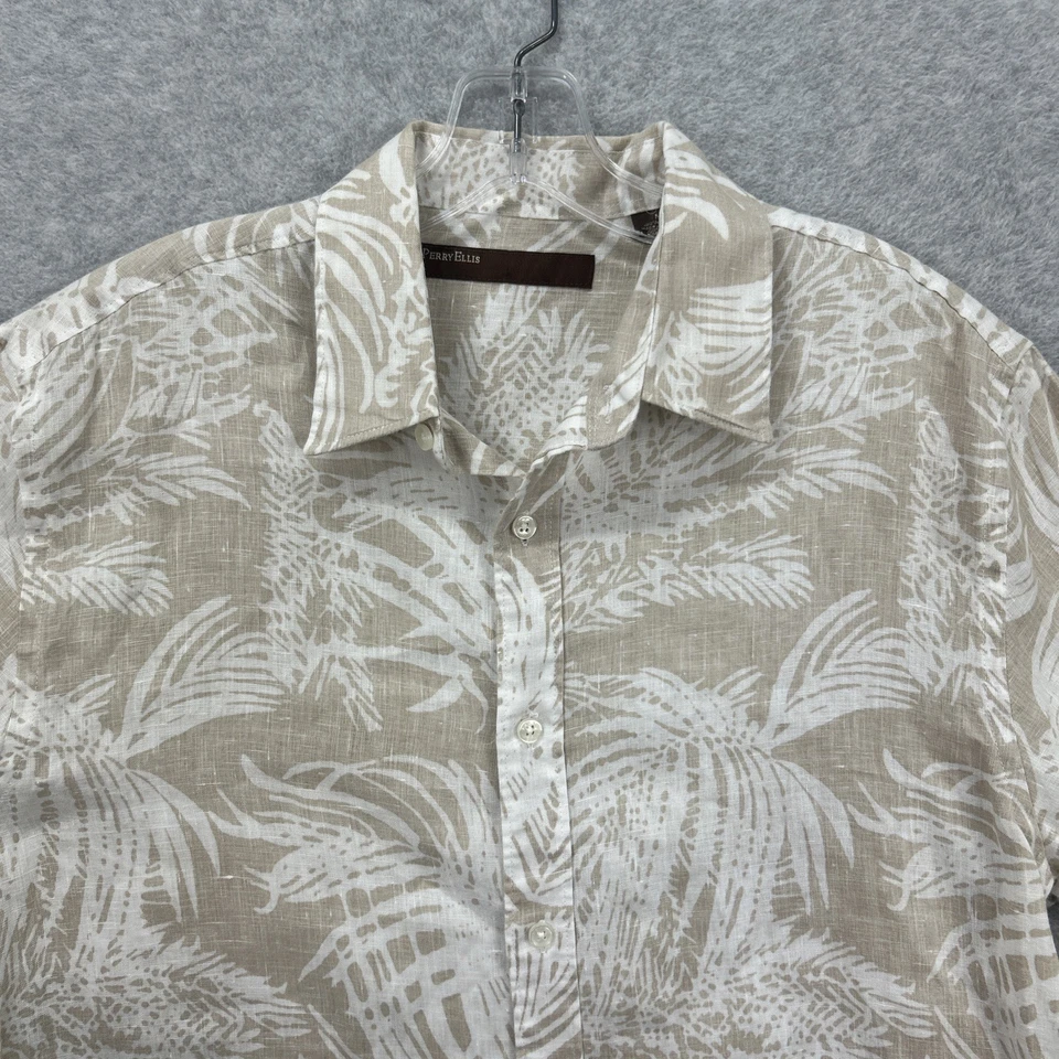 Perry Ellis Shirt Mens Medium Tan Floral Hawaiian Tropical Beach Vacation Linen - Image 2 of 4