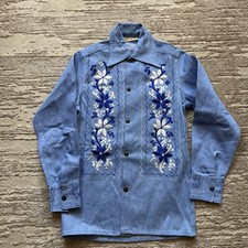 Vintage 1970s Bohemian Western Snap Shirt Embroidered Mens 34 Sanfordized Cotton