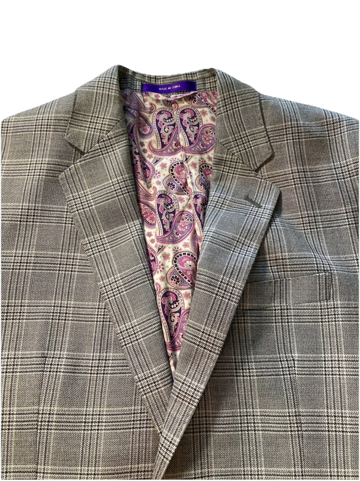 Tallia 38R Gray Glen Plaid Sport Coat Wool Silk Paisley Lined Blazer