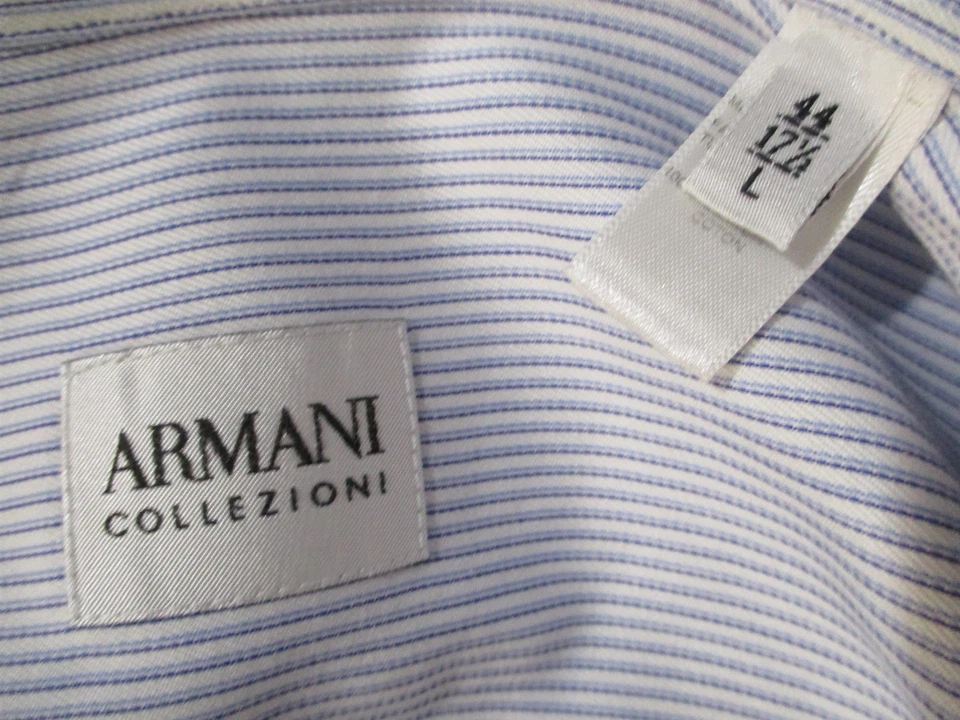 Camisa de vestir Armani Collezioni para hombre azul a rayas de algodón puño francés 44 17,5-34 Foto 3 de 3