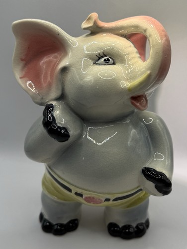 Vintage Mid-Century Kitsch Large Ceramic Elephant Boxer Coin Bank Made In Japan