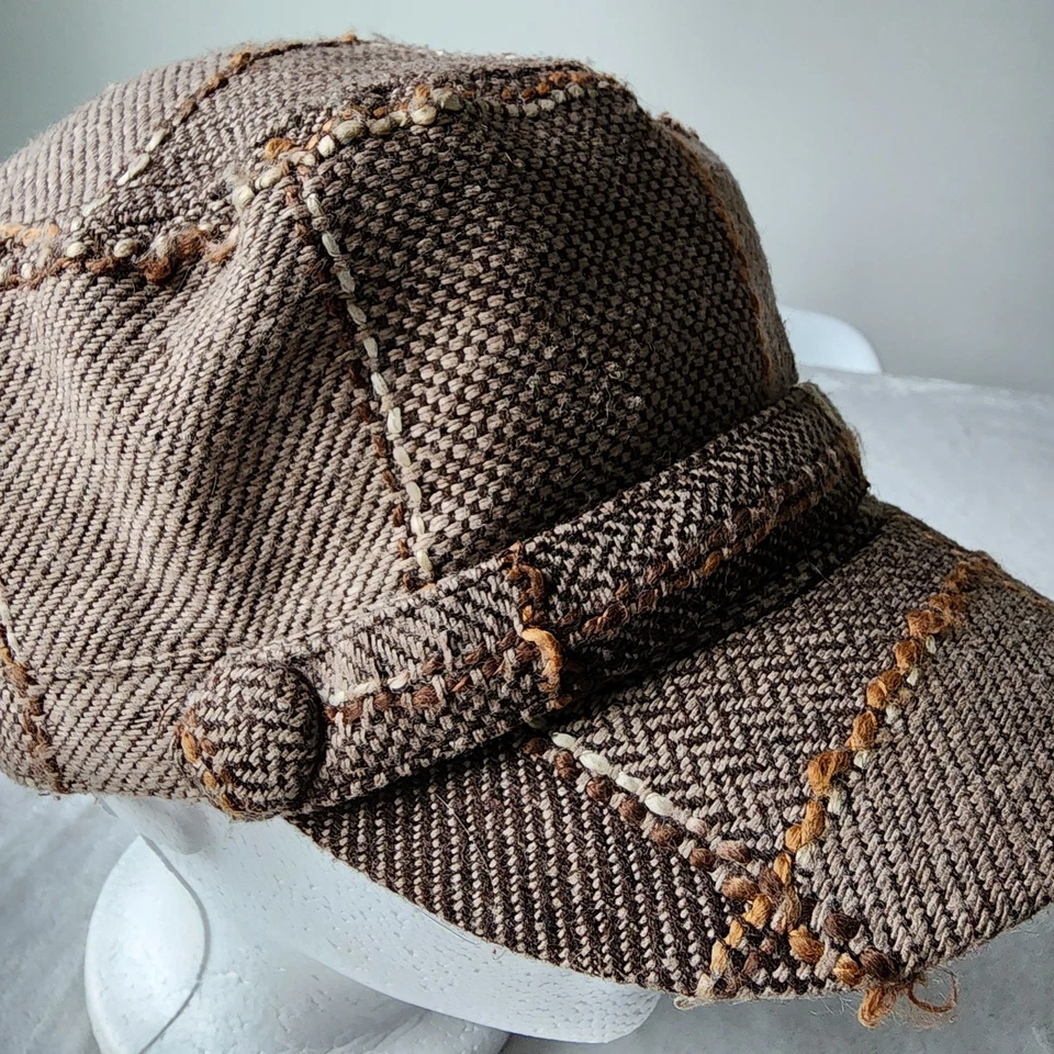 Baker Boy Hat Tweed Wool Womens Brown Herringbone Lined Newsboy Cap Patchwork - Image 2 of 4