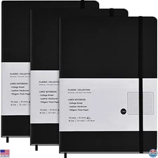Premium 3-Pack B5 Classic Hardcover Notebooks - College Ruled, 160 Pages, Black