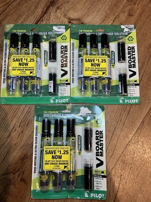 3x Pilot V Board Master Dry Erase Markers Black Pack of 3 With 2 Refills