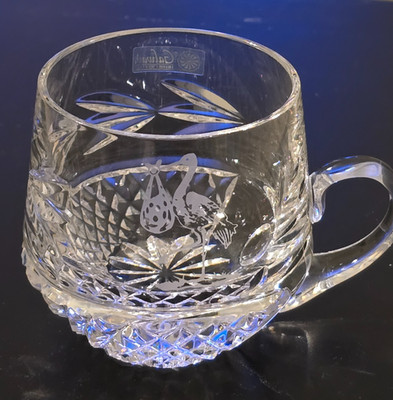 Galway Crystal Christening Mug with Stork holding Baby - 3 1/8'' tall