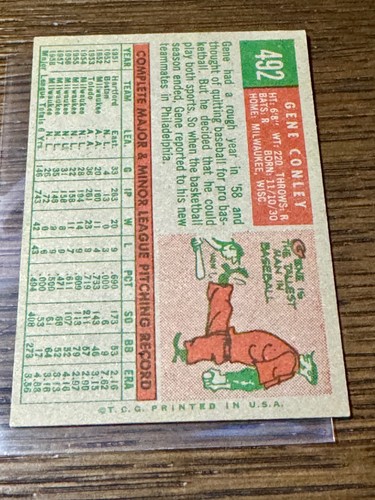 1959 Topps Gene Conley Philadelphia Phillies #492 - NM - Free Shipping - Picture 2 of 2