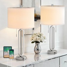 26.5  ' Industrial Table Lamp Set of 2, Nickel Metal Bedside Lamp with USB C ...