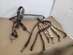 Ant. Horse Buggy Harness Parts Lot – Ring Chain Traces, Breeching, Leather Strap