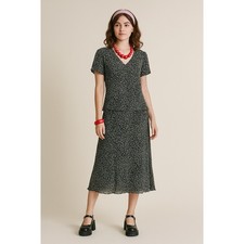 Studio 1940 Black White Crinkle Midi Dress Drop Waist Lettuce Hem Vintage 90s