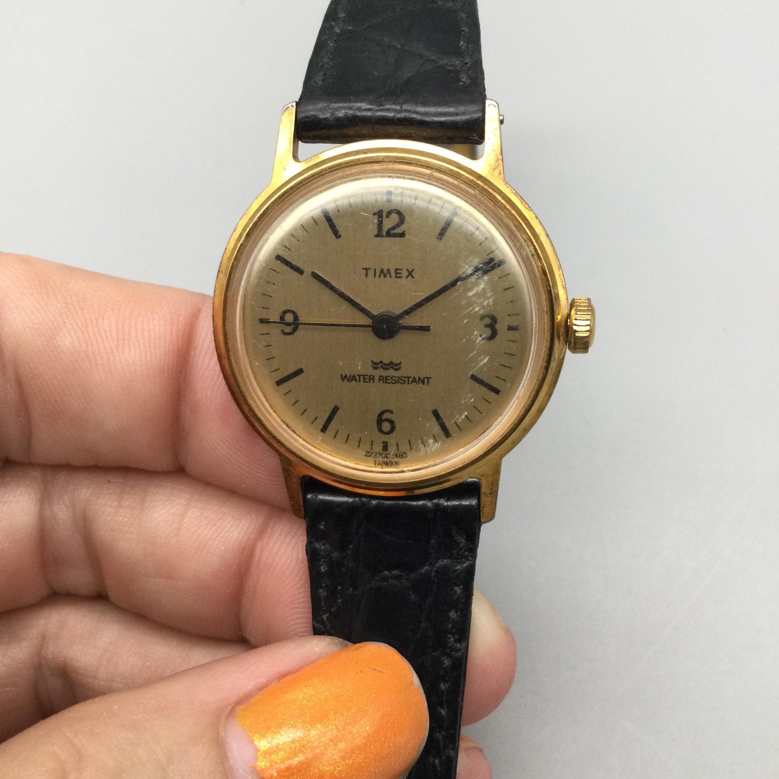 Vintage Timex 1980 Marlin Manual Wind Watch Gold Tone Black Leather Strap