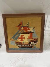 Needlepoint Ship In Wood Frame 11&rdquo;x11&rdquo;