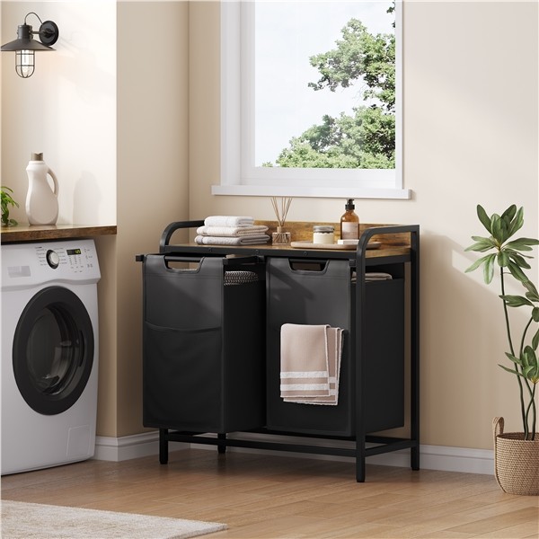 Laundry Hamper Basket with 2-Compartment and Wooden Top Shelf Pull-Out Sorter
