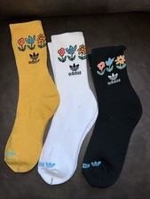 Adidas Crew Socks 3 Pack With Flowers Hello Black And White Socks Size Large