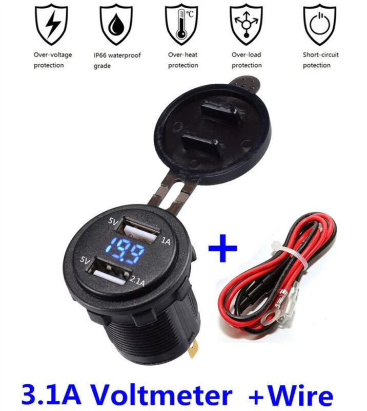 1X Waterproof Motorcycle Car Dual USB Charger Socket Power Outlet 3.1A Voltmeter - Image 2 of 4