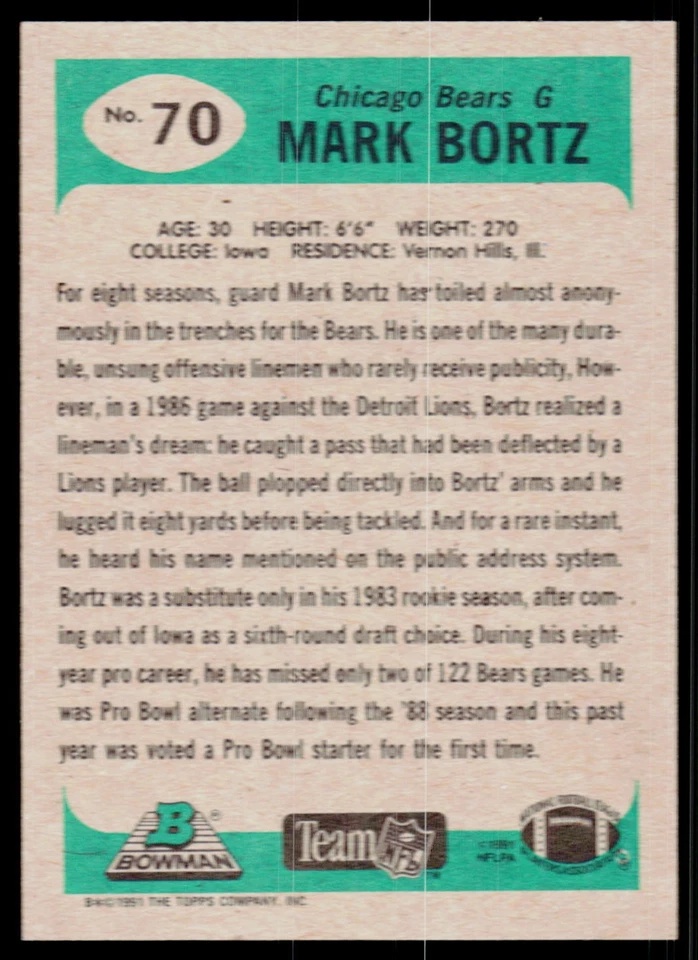 Mark Bortz, 1991 Bowman, #70, Chicago Bears, - Image 2 of 2