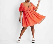 Gabriella Karefa-Johnson Dress Womens XL Red Orange Babydoll Puff Sleeve
