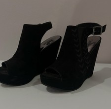 Carlos Santana Black Suede Open-Toe Slingback Wedge Sandals Size 7