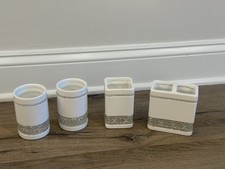 White/Silver Ceramic Diamante Glossy Freestanding 4pc Bathroom Accessory Set