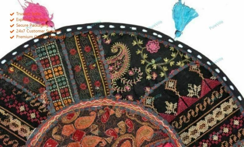 Round Patchwork Embroidered Floor Seating Indian Yellow Floor Cushion Cover - Image 3 of 4