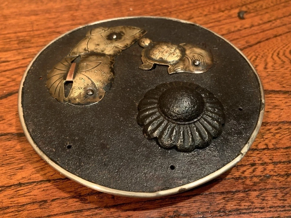 Cerradura de latón de hierro Meiji Nihonmatsu montaje cresta Tsurukame puerta gameto antigua JP Foto 3 de 4