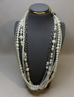 Chunky Multi Strand Faux Pearl Crystal Necklace Silver Tone Layered Statement
