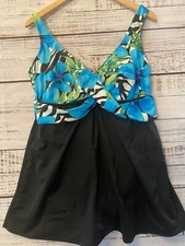 Longitude Black Floral One Piece Surplice Swimsuit Skirt Flattering Size 14 Blue