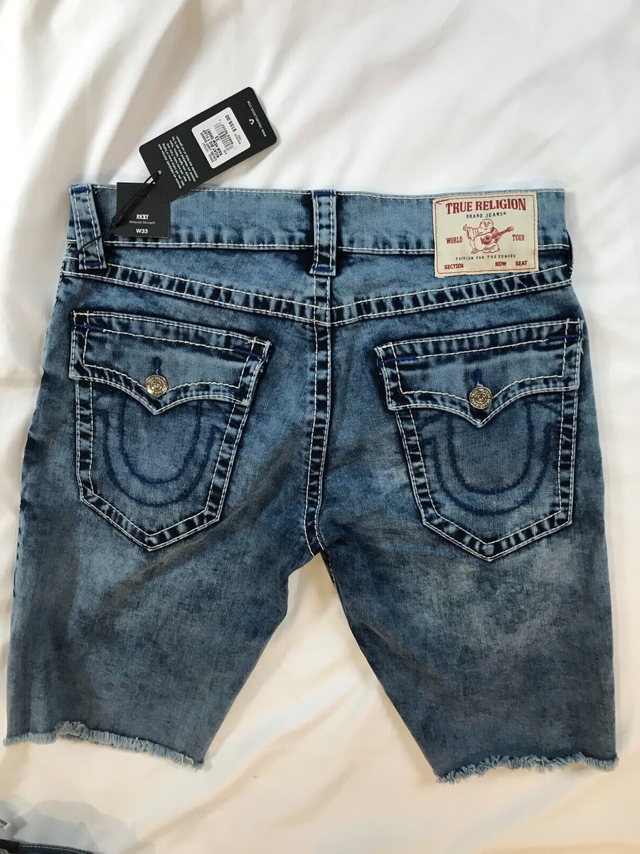 True Religion Ricky Big T Flap Raw Hem Denim Shorts Light