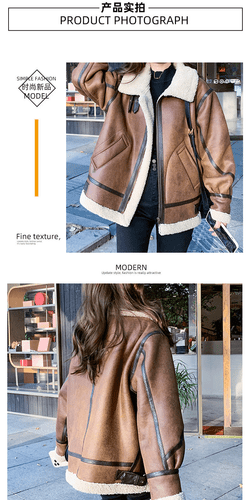 Streetwear Mujeres Imitación Cuero Cordero Lana Chaquetas Motocicleta Abrigos Cortos Outwear - Imagen 7 de 11