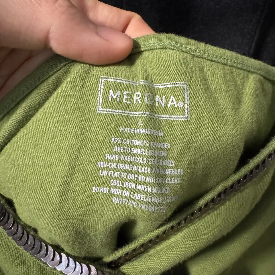 复古 Merona 吊带上衣,尺寸 L,绿色亮片 V 领棉质迷彩 Fairycore Y2K — 第 4/4 张图片