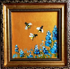 Bee Painting Bumblebee on flowers Miniature Art Honeybee Insects Gold Framed Art