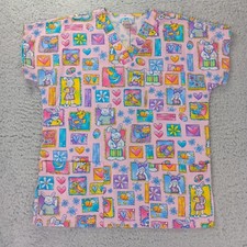 SB Fashion Scrubs Scrub Top Women Small Colorful Heart Bunny Bee Medical V-Neck