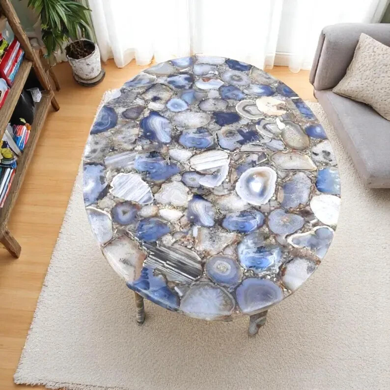 Oval Dining Table Top with Blue Agate Gemstone Sofa Centerpiece Luxury Furniture