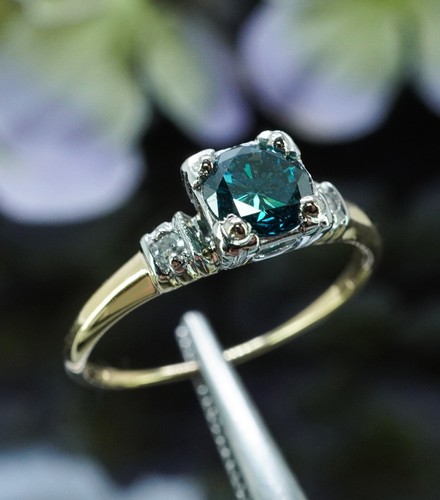 Vintage .68ct Genuine Blue Diamond Engagement Ring 14K White Yellow Gold Estate