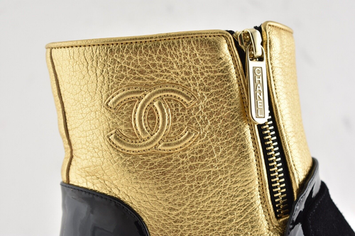Chanel 18B Gold Black Patent Suede CC Logo Zipper Zip Short Ankle Bootie Boot 35