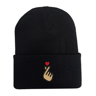 Korean KPOP Love Finger Heart embroidered Beanie Cap Hat Black