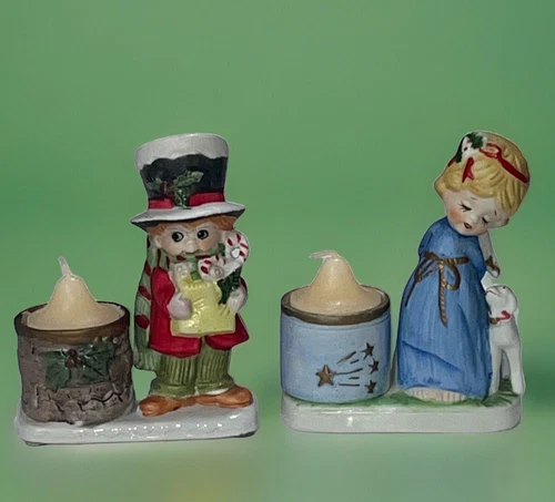 Jasco Christmas Candle Holders 2- 1 Angel, 1 Boy Porcelain Vtg 70’s Figurines